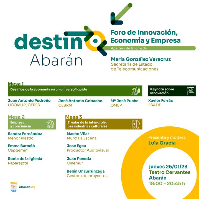 Destino Abarán reunirá a empresas y expertos para tratar de innovación, conciencia e industrias culturales el próximo 26 de enero